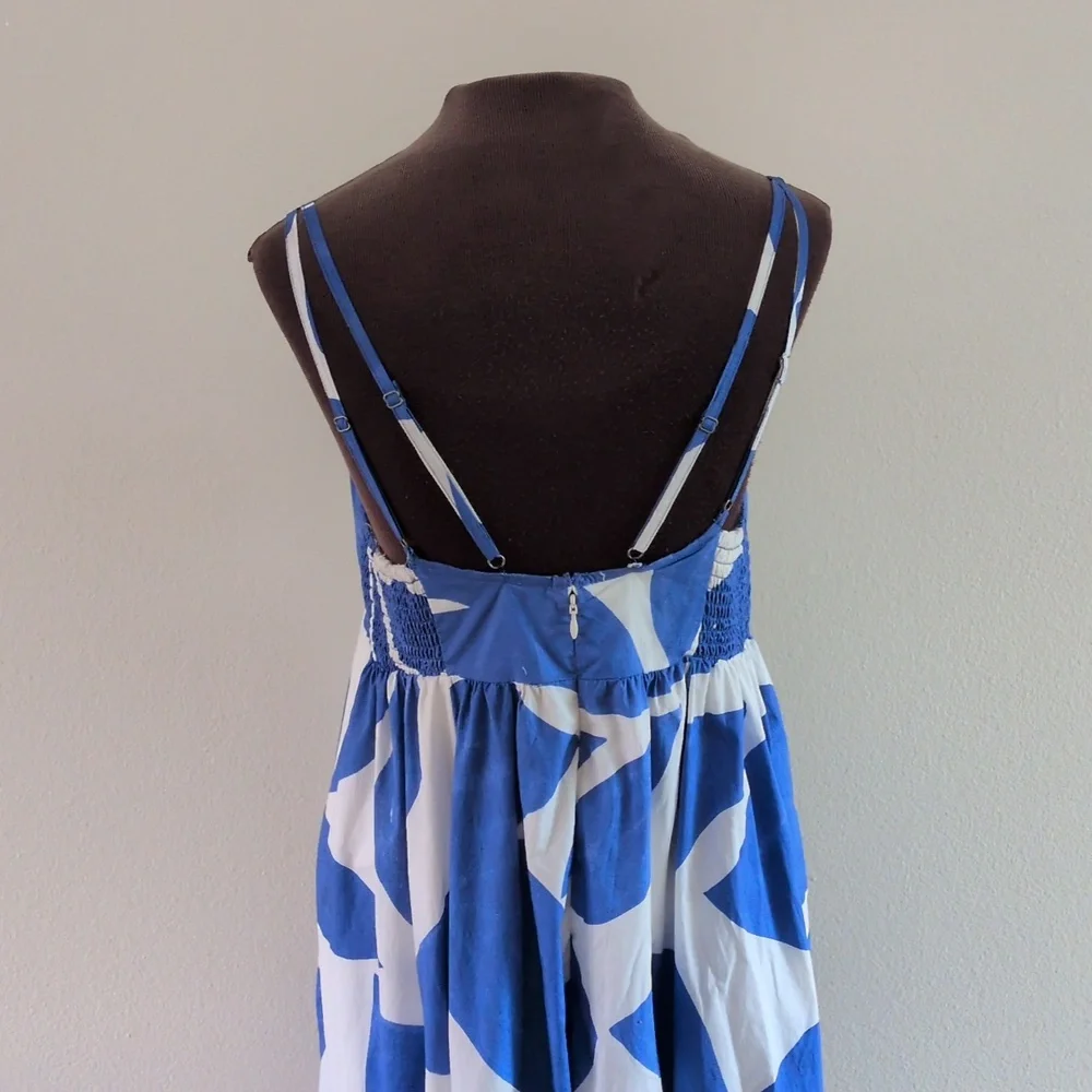 ANTHROPOLOGIE Dress MED Printed Babydoll Smock Maxi Blue White Abstract Strappy - Picture 8 of 11